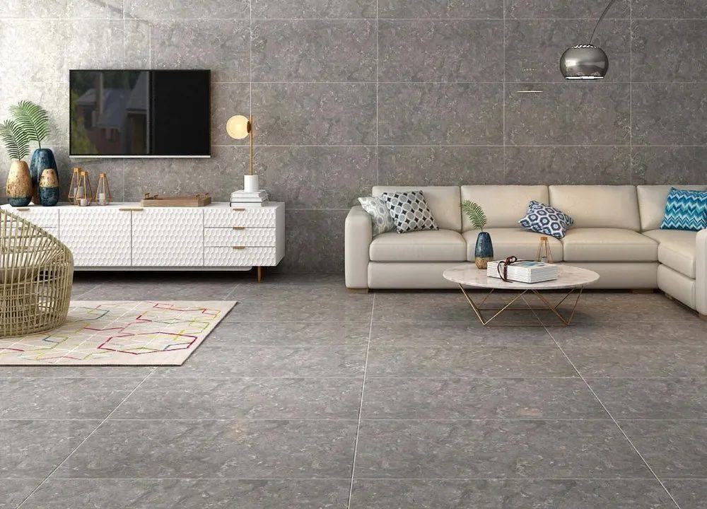Cover the floor with grey tiles